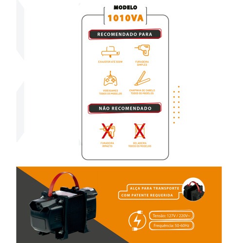 Transformador de voltagem 1010VA tomada tripolar 10A bivolt - Tecno 110V/220V Transformador de voltagem 1010VA tomada tripolar 10A bivolt - Tecno 110V/220V