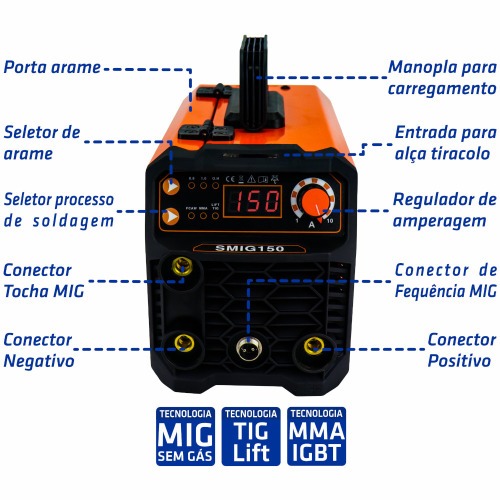 Inversora de solda Mig sem Gás 150A Multiprocesso - Smig 150 220V Inversora de solda Mig sem Gás 150A Multiprocesso - Smig 150 220V